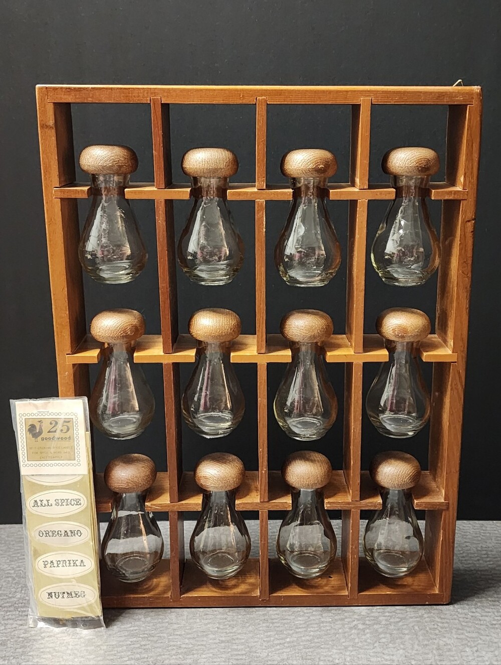 Vintage 70s MCM Spice Rack Glass Mushroom Spice Jars 12 W/ Labels Made In Taiwan
